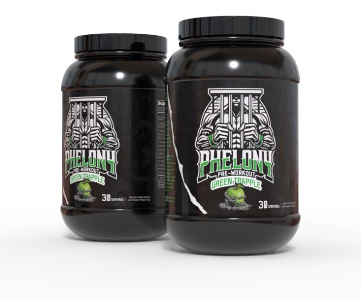 Phelon's pre-workout supplement with Green Trapple flavor on a white background.