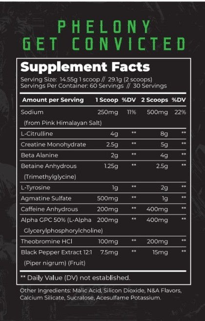 Supplement facts label for a product called Phelony Green Trapple Pre-Workout on a black background with the slogan 'Phelony Get Convicted'