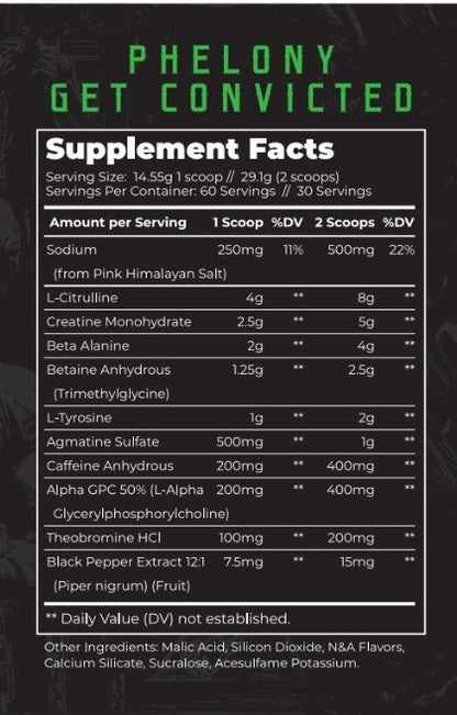 Supplement facts label for a product called Phelony Green Trapple Pre-Workout on a black background with the slogan 'Phelony Get Convicted'